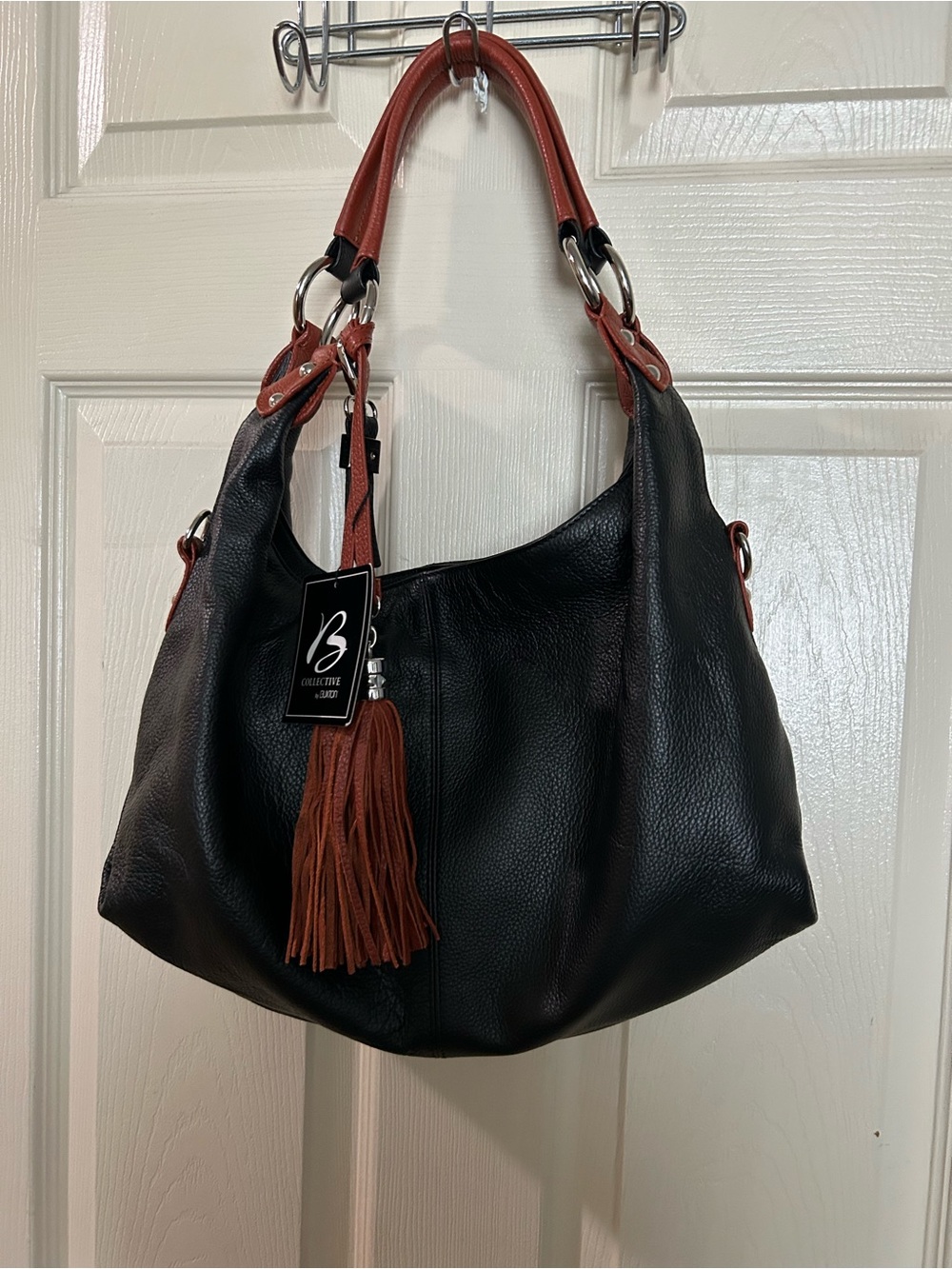 Collection B Black Shoulder Bag with Brown Tassel and Straps